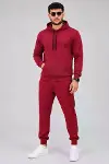 Erkek İki İplik Kapüşonlu Kanguru Cepli Sweatshirt Jogger Pantolon Alt Üst Eşofman Takımı -Bordo-3
