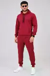 Erkek İki İplik Kapüşonlu Kanguru Cepli Sweatshirt Jogger Pantolon Alt Üst Eşofman Takımı -Bordo-4