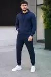 Erkek İki İplik Kapüşonlu Kanguru Cepli Sweatshirt Jogger Pantolon Alt Üst Eşofman Takımı - Lacivert-3