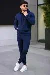 Erkek İki İplik Kapüşonlu Kanguru Cepli Sweatshirt Jogger Pantolon Alt Üst Eşofman Takımı - Lacivert-4