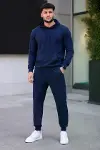 Erkek İki İplik Kapüşonlu Kanguru Cepli Sweatshirt Jogger Pantolon Alt Üst Eşofman Takımı - Lacivert-1
