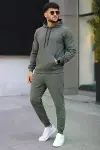 Erkek İki İplik Kapüşonlu Kanguru Cepli Sweatshirt Jogger Pantolon Alt Üst Eşofman Takımı - Haki-2