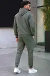 Erkek İki İplik Kapüşonlu Kanguru Cepli Sweatshirt Jogger Pantolon Alt Üst Eşofman Takımı - Haki-3
