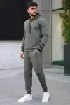 Erkek İki İplik Kapüşonlu Kanguru Cepli Sweatshirt Jogger Pantolon Alt Üst Eşofman Takımı - Haki-4