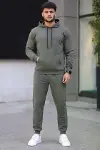 Erkek İki İplik Kapüşonlu Kanguru Cepli Sweatshirt Jogger Pantolon Alt Üst Eşofman Takımı - Haki-1