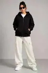 3 İplik Şardonlu Tam Fermuarlı Kapüşonlu Arka Çanta Detaylı Sweatshirt - Siyah-3