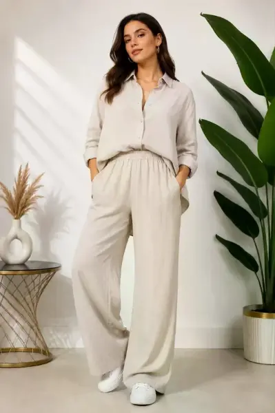 Sofya Keten Gömlek Pantolon Alt Üst Takım Uzun Kollu - Krem