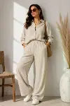 Sofya Keten Gömlek Pantolon Alt Üst Takım Uzun Kollu - Krem-3
