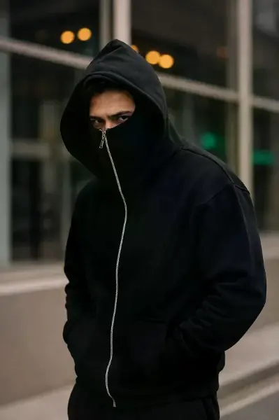 Erkek Maskeli Ninja Model Çift Kapüşonlu 3 İplik Şardonlu Fermuarlı Sweatshirt - Siyah