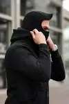 Erkek Maskeli Ninja Model Çift Kapüşonlu 3 İplik Şardonlu Fermuarlı Sweatshirt - Siyah-2