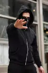 Erkek Maskeli Ninja Model Çift Kapüşonlu 3 İplik Şardonlu Fermuarlı Sweatshirt - Siyah-4