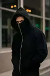 Erkek Maskeli Ninja Model Çift Kapüşonlu 3 İplik Şardonlu Fermuarlı Sweatshirt - Siyah-1