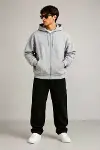 Erkek 3 İplik Şardonlu Tam Fermuarlı Kapüşonlu Arka Çanta Detaylı Sweatshirt - Gri-3