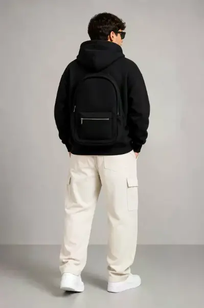 Erkek 3 İplik Şardonlu Tam Fermuarlı Kapüşonlu Arka Çanta Detaylı Sweatshirt - Siyah