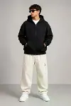 Erkek 3 İplik Şardonlu Tam Fermuarlı Kapüşonlu Arka Çanta Detaylı Sweatshirt - Siyah-3