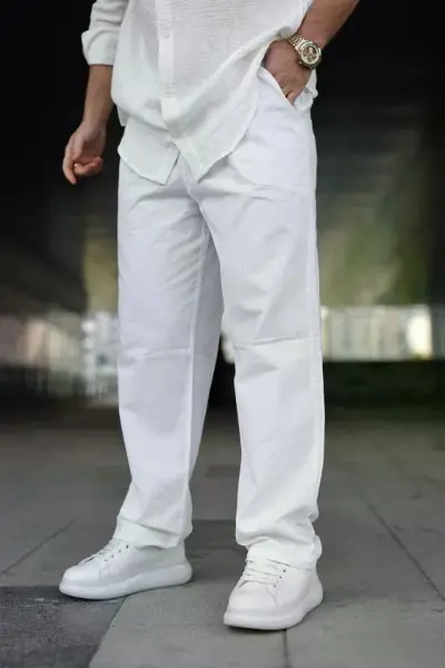 Erkek Ham Keten Beli Lastikli Cepli Regular Fit Boru Paça Pantolon - Beyaz