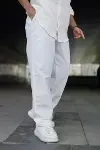 Erkek Ham Keten Beli Lastikli Cepli Regular Fit Boru Paça Pantolon - Beyaz-3