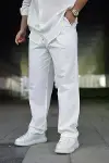 Erkek Ham Keten Beli Lastikli Cepli Regular Fit Boru Paça Pantolon - Beyaz-1