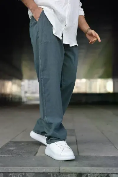 Erkek Ham Keten Beli Lastikli Cepli Regular Fit Boru Paça Pantolon - İndigo