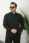 Erkek Sofya Keten Gömlek Pantolon Alt Üst Takım Uzun Kollu - Siyah-2