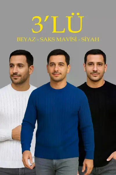 Erkek Fitilli Triko Bisiklet Yaka Kalın Kazak 3lü Set Beyaz-Saks Mavisi-Siyah