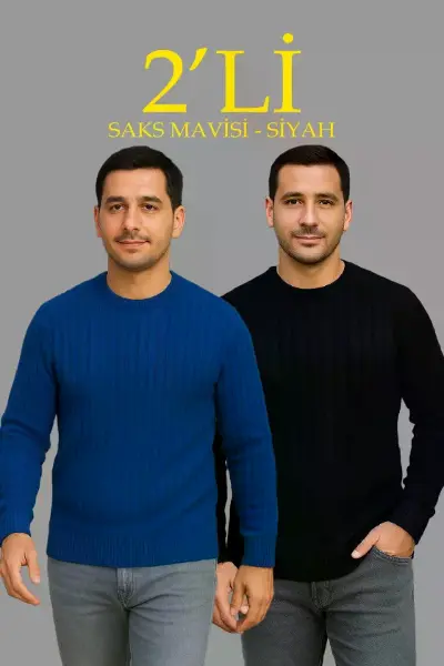 Erkek Fitilli Triko Kazak 2’li Set Siyah Saks Mavisi Kalın Dokuma Pamuklu Regular Fit