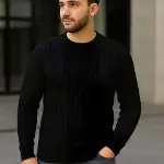 Erkek Fitilli Triko Kazak 2’li Set Siyah Saks Mavisi Kalın Dokuma Pamuklu Regular Fit-4