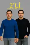 Erkek Fitilli Triko Kazak 2’li Set Siyah Saks Mavisi Kalın Dokuma Pamuklu Regular Fit-1