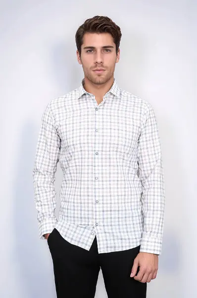 Ekose Desenli Slim Fit Krem Gömlek | Wessi