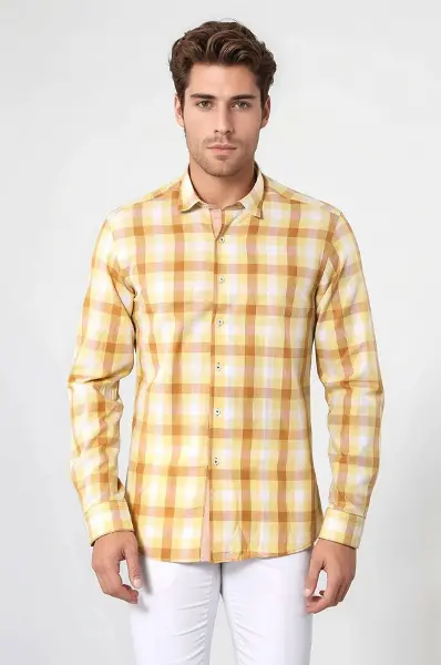 Ekoseli Slimfit Sarı Gömlek - Wessi