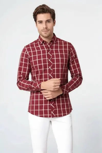 Ekoseli Slimfit Bordo Gömlek - Wessi