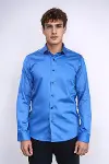 Pamuk Saten Slim Fit Mavi Erkek Gömlek - Wessi-3