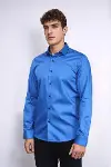 Pamuk Saten Slim Fit Mavi Erkek Gömlek - Wessi-4