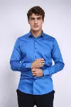 Pamuk Saten Slim Fit Mavi Erkek Gömlek - Wessi-5