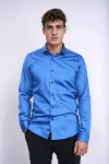 Pamuk Saten Slim Fit Mavi Erkek Gömlek - Wessi-1