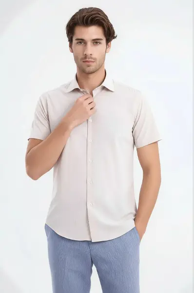 Kısa Kollu Terikoton Slim Fit Krem Erkek Gömlek - Wessi