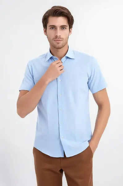 Slim Fit Kısa Kollu Terikoton Mavi Erkek Gömlek - Wessi