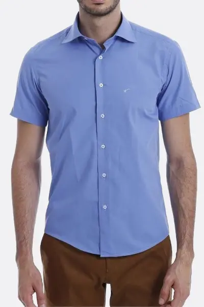 Kısa Kollu Terikoton Slim Fit Mavi Erkek Gömlek - Wessi