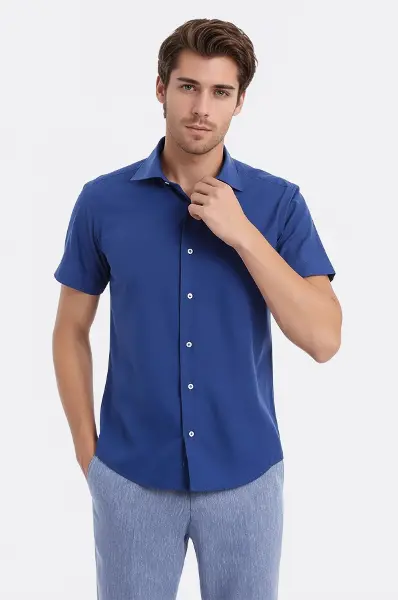 Terikoton Kısa Kollu Slim Fit Lacivert Erkek Gömlek - Wessi