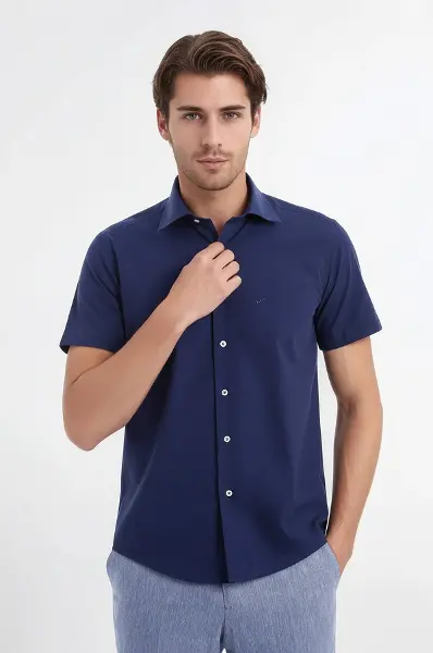 Kısa Kollu Terikoton Slim Fit Lacivert Erkek Gömlek - Wessi