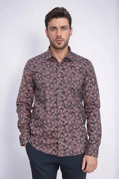 Çiçek Desenli Kahverengi Slim Fit Gömlek - Wessi