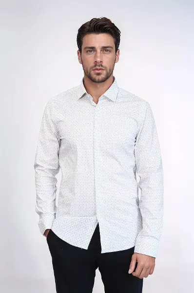 Kaz Ayağı Desenli Slim Fit Ekru Erkek Gömlek - Wessi