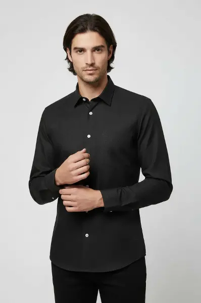 Kendinden Desenli Slimfit Yeşil Gömlek - Wessi