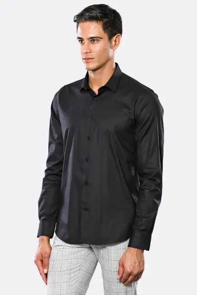 Düz Slim Fit Siyah Erkek Gömlek - Wessi