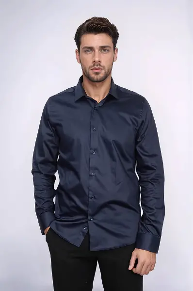 Pamuk Saten Slim Fit Uzun Kollu Düz Lacivert Erkek Gömlek - Wessi