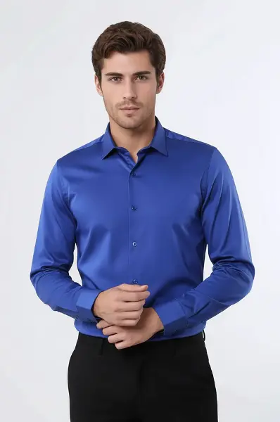 Pamuk Saten Slim Fit Desensiz Mavi Erkek Gömlek - Wessi
