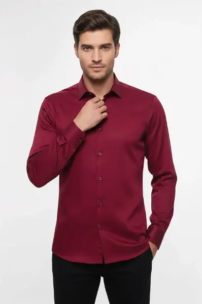 Slimfit Uzun Kollu Bordo Erkek Gömlek - Wessi