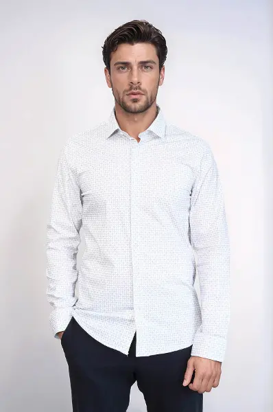 Kaz Ayağı Desenli Slim Fit Beyaz Erkek Gömlek - Wessi