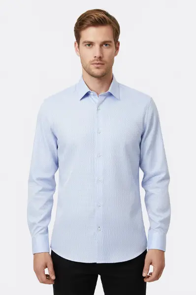 Kendinden Desenli Buz Mavi Slim Fit Gömlek | Wessi