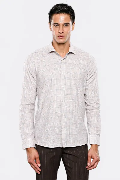 Ekose Desenli Bej Slim Fit Gömlek - Wessi